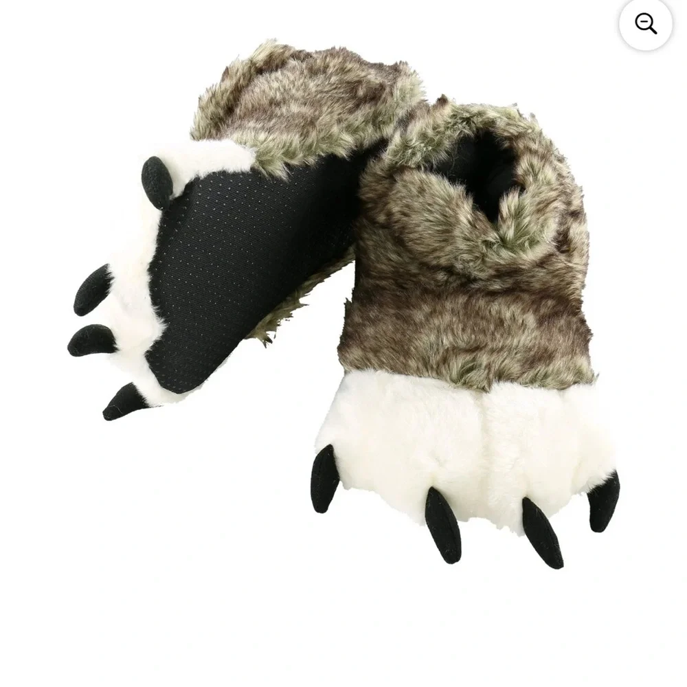 Furry Wolf Paw Slippers - Brown and White size large